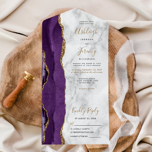 Moderne Hochzeit mit lila Gold Achat Marmor All In One Einladung