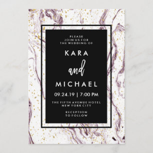 Moderne Hochzeit mit lila Marmor und falschen Gold Einladung