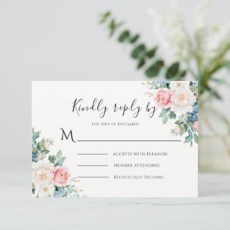 Moderne Hochzeit mit rosa und blauen Blumen RSVP Karte