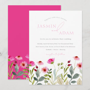 Moderne Hochzeit mit rosa Wildblumen Einladung