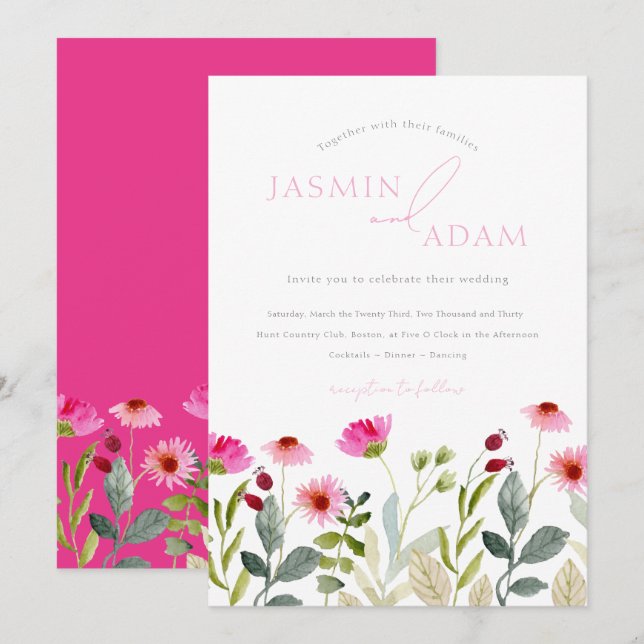 Moderne Hochzeit mit rosa Wildblumen Einladung (Vorne/Hinten)