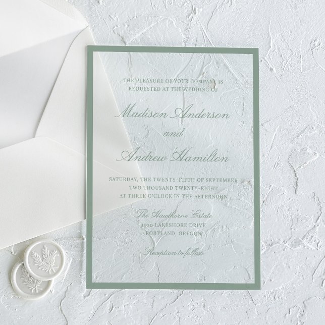 Moderne Hochzeit mit Salbeigrüner Umrandung Acryleinladungen (Von Creator hochgeladen)