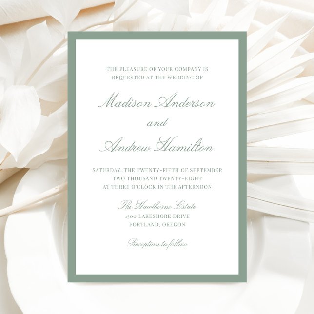 Moderne Hochzeit mit salbeigrüner Umrandung Einladung (Von Creator hochgeladen)