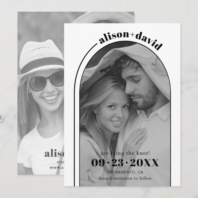 Moderne Hochzeit mit Schwarz-weißem Bogen und Foto Save The Date (Vorne/Hinten)