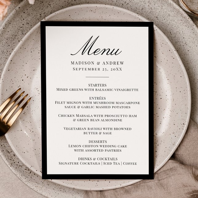 Moderne Hochzeit mit schwarzer Umrandung Menükarte (Von Creator hochgeladen)