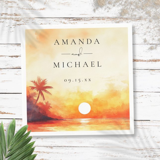 Moderne Hochzeit mit tropischem Sonnenuntergang Serviette (Modern Watercolor Tropical Beach Sunset Wedding Napkins)
