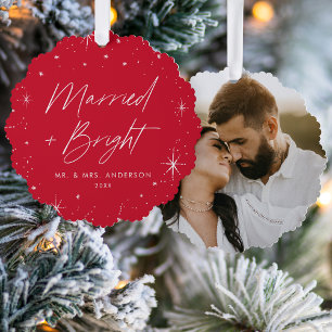 Moderne Hochzeit und hellrote Feiertagsfoto Ornament Karte