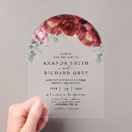 Moderne Hochzeit von Boho Burgund Rot und Gold Flo Acryleinladungen