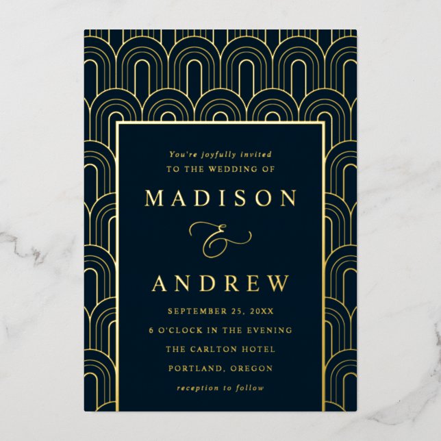 Moderne Hochzeit von Deko Navy und Gold Folieneinladung (Vorderseite)