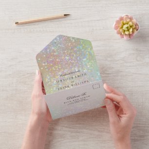 Moderne Hochzeit von holografischem Pastel-Glitzer All In One Einladung