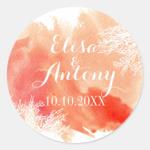Moderne Hochzeit von Korallenriffen in Aquarellen  Runder Aufkleber
