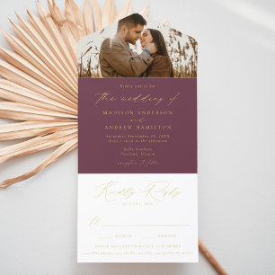 Moderne Hochzeit von Lila und Gold Foil Script-Fot All-in-One-Einladung