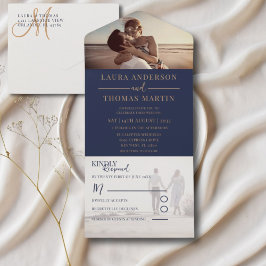 Moderne Hochzeit von Navy Blue & Gold Foto Collage All In One Einladung
