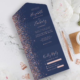 Moderne Hochzeit von Navy Blue Rose Gold Glitzer All In One Einladung