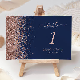 Moderne Hochzeit von Navy Blue Rose Gold Glitzer Tischnummer