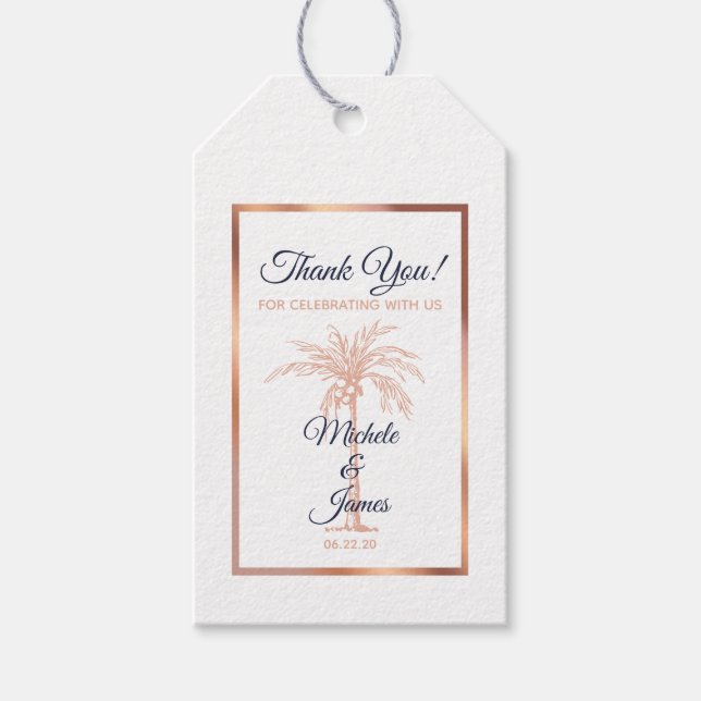 Moderne Hochzeit von Navy Blue Rose Gold Palm Tree Geschenkanhänger (Vorderseite)