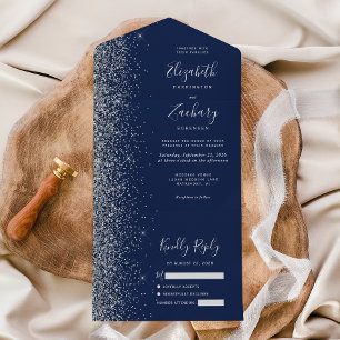 Moderne Hochzeit von Navy Blue Silver Glitzer All In One Einladung