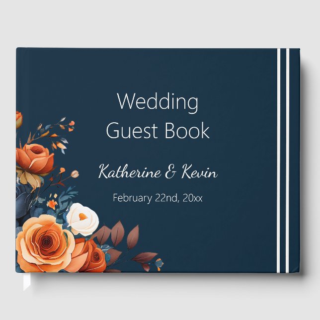 Moderne Hochzeit von Navy Blue und Burnt Orange Gästebuch (Vorderseite)