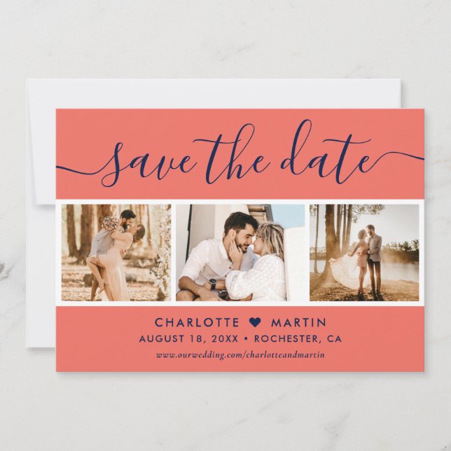 Moderne Hochzeit von Navy Blue und Korallen 4 Foto Save The Date (Vorderseite)