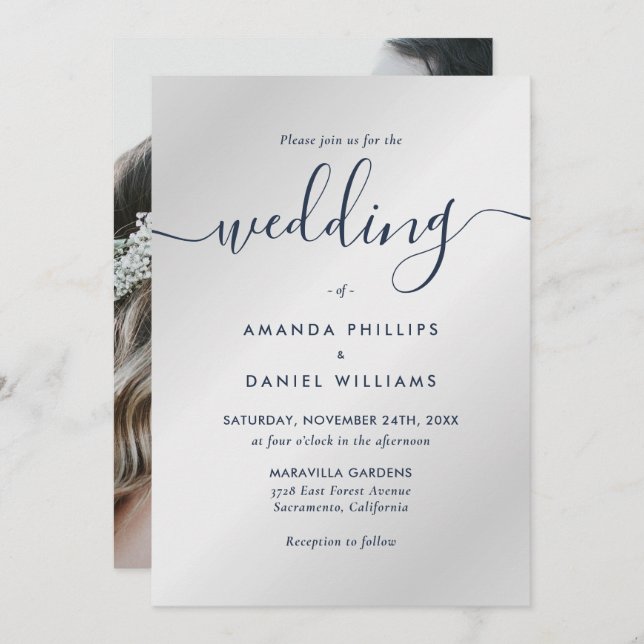 Moderne Hochzeit von Navy Blue und Silver Foto Einladung (Vorne/Hinten)
