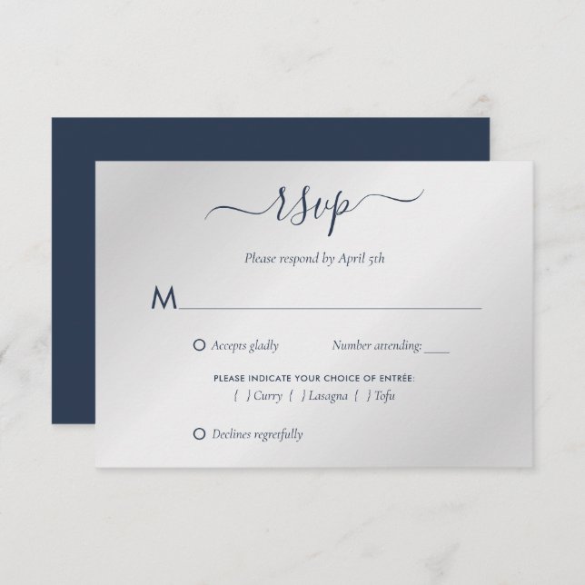 Moderne Hochzeit von Navy Blue und Silver RSVP Karte (Vorne/Hinten)