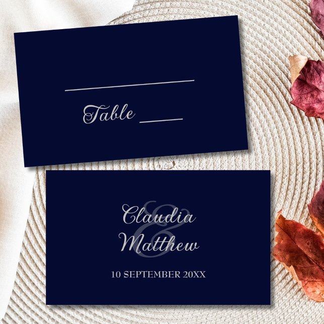 Moderne Hochzeit von Navy Blue und Silver Script Platzkarte (Modern Navy Blue and Silver Script Wedding Place Card)