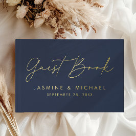 Moderne Hochzeit von Navy- und Gold Foil-Script-Fo Gästebuch