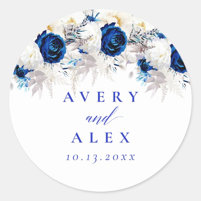 Moderne Hochzeit von Royal Blue & White Floral Runder Aufkleber (Vorderseite)