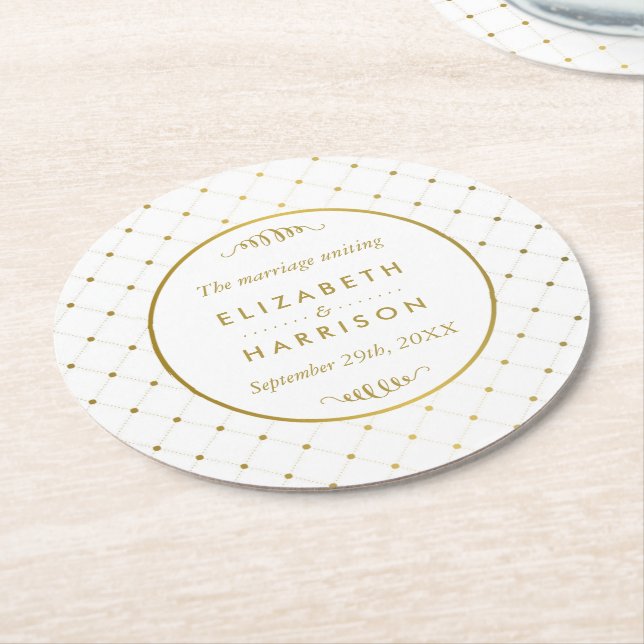 Moderne Hochzeit von White & Gold Foil Runder Pappuntersetzer (Angewinkelt)