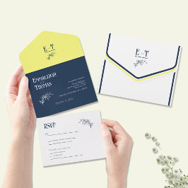 Moderne Hochzeiten in Navy Blau und Gelb All In One Einladung