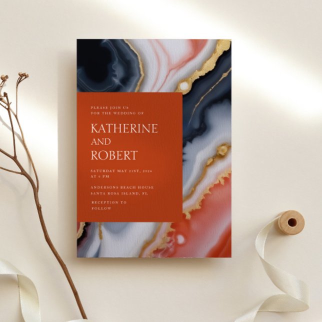 Moderne Hochzeiten in Navy Blue und Orange Agate Einladung (Von Creator hochgeladen)