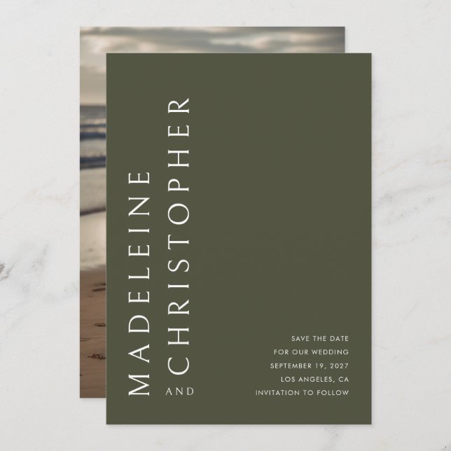 Moderne Hochzeiten mit großen Namen Olivenöl Grüne Save The Date (Vorne/Hinten)
