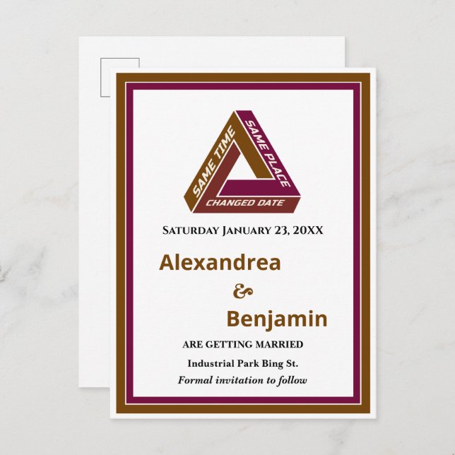 Moderne Hochzeiten sichern das Datum der neuen Dat Ankündigungspostkarte (Vorne/Hinten)