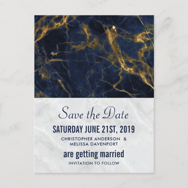 Moderne Hochzeiten von Navy Blue und Gold retten d Postkarte (Vorderseite)