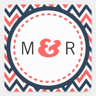 Moderne Hochzeiten von Navy & Coral Zickzack & Lov Quadratischer Aufkleber