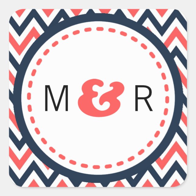 Moderne Hochzeiten von Navy & Coral Zickzack & Lov Quadratischer Aufkleber (Vorderseite)