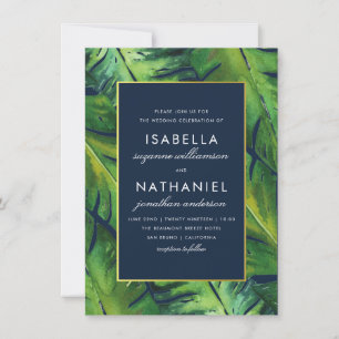 Moderne Hochzeiten von Navy & Green Tropical Blätt Einladung