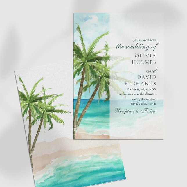 Moderne Hochzeiten von tropischen Stränden und Pal Einladung (Modern Tropical Beach and Palm Trees Wedding Invitation on a white table.)