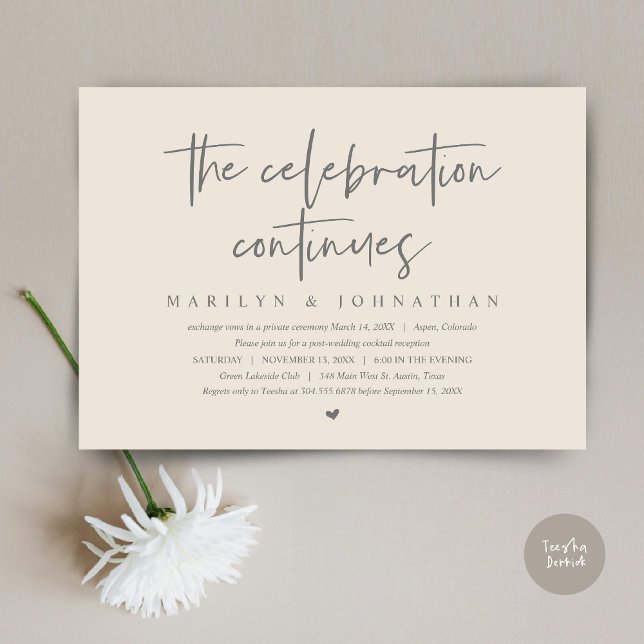 Moderne Hochzeitfeier geht weiter Einladung (Wedding Elopement, Modern celebration continues Invitation Card, PDF, in Dark Grey and Cream)