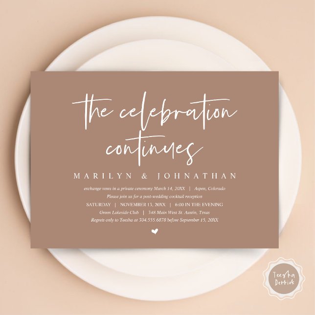 Moderne Hochzeitfeier geht weiter Einladung (Wedding Elopement, Modern celebration continues Invitation Card, PDF, in Taupe)