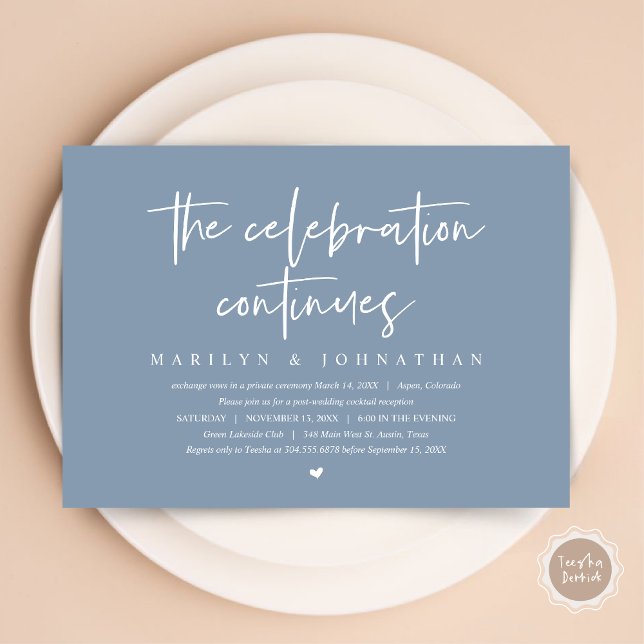Moderne Hochzeitfeier geht weiter Einladung (Wedding Elopement, Modern celebration continues Invitation Card, PDF, in Dusty Blue)