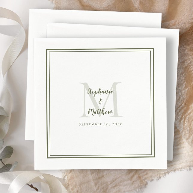 Moderne Hochzeitnamen und Datum Monogramm Olivenöl Serviette (Modern Wedding Names & Date Monogram Olive Green Napkins)