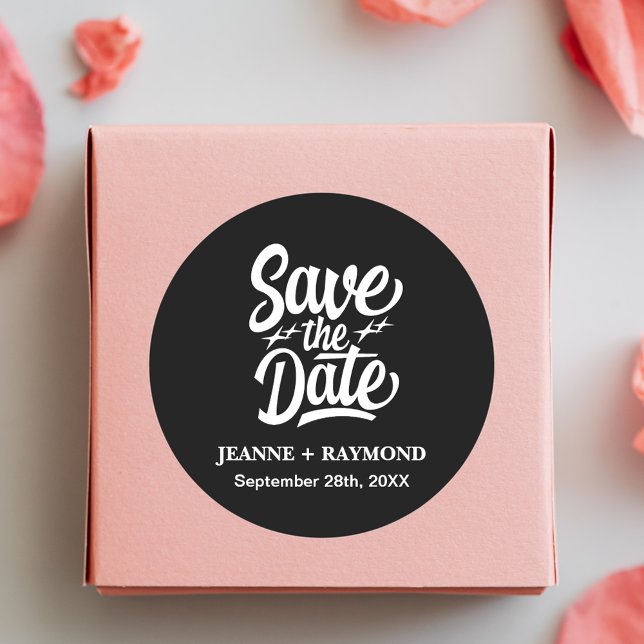 Moderne Hochzeitsankündigung Save the Date Black Runder Aufkleber (Von Creator hochgeladen)