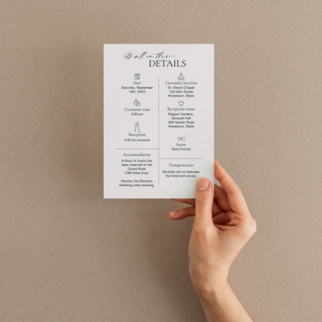 Moderne Hochzeitsdetails-Karte mit Symbolen in Tau Begleitkarte (Von Creator hochgeladen)