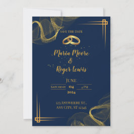 Moderne Hochzeitseinladung in Blau und Gold Einladung
