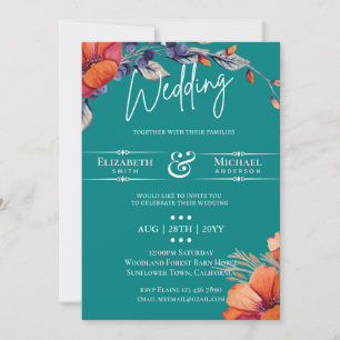 Moderne Hochzeitseinladung mit Teal-Orange-Blumenm