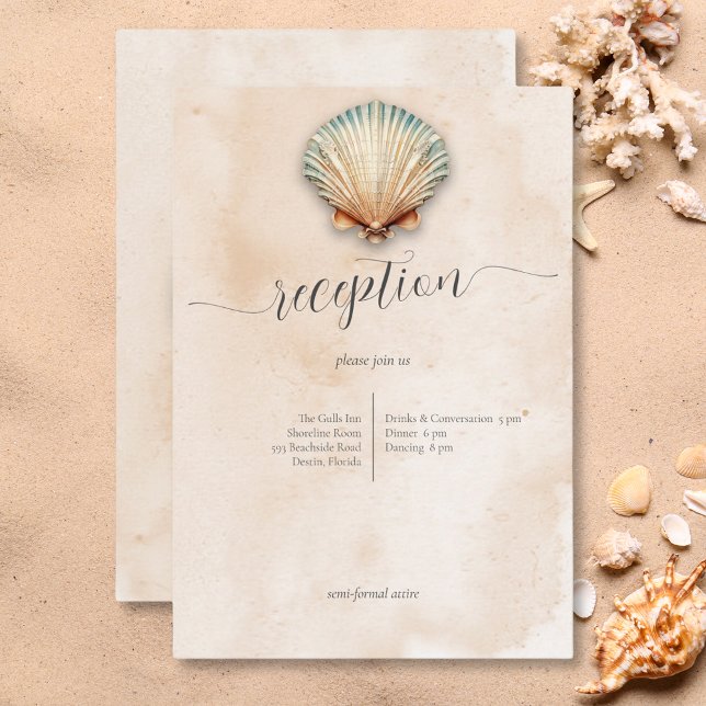 Moderne Hochzeitsempfehlung für Seashell Sand an d Begleitkarte (Modern Coastal Seashell Sand Wedding Reception Enclosure Card)