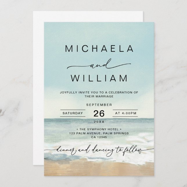 Moderne Hochzeitsfeier am Strand Einladung (Vorne/Hinten)