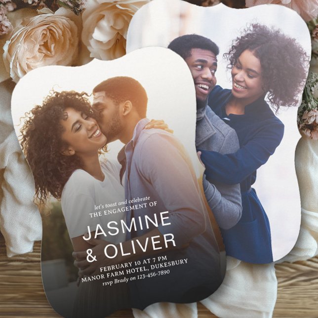 Moderne Hochzeitsfeier für Vollblut-Verlobung-Foto Einladung (Engagement Photo Invitation from the Engagement Party Invitations collection by Darling & May)