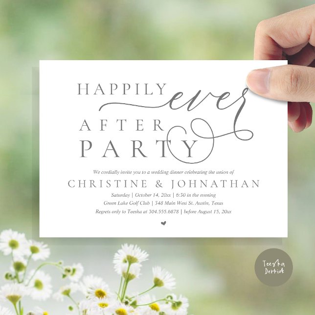 Moderne Hochzeitsfeier, glücklicherweise immer nac Einladung (Modern Cute Wedding Elopement, Happily Ever After Party Invitation Card, PDF, in Dark Grey)